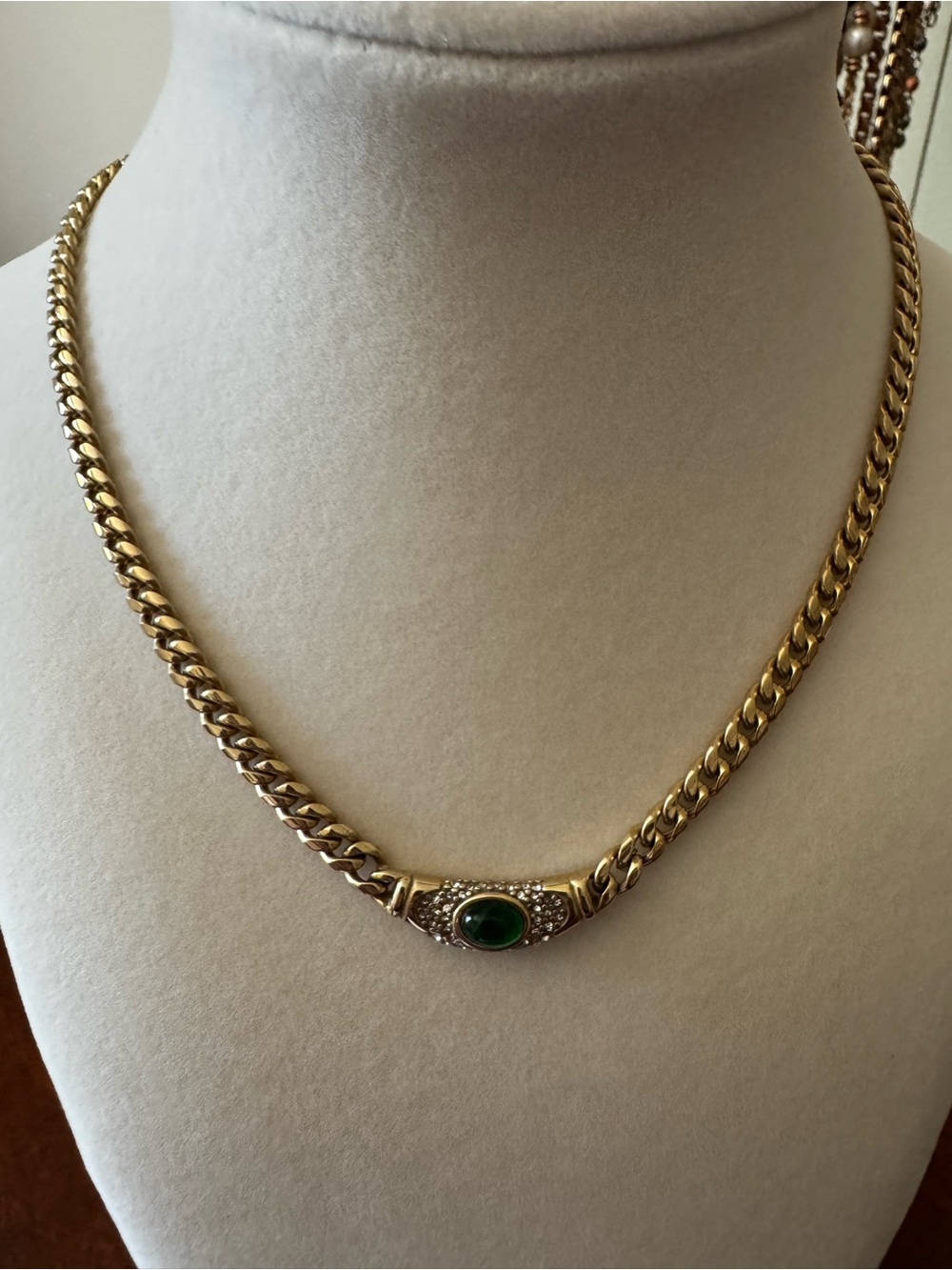 Gold Tone Chain Necklace with Green Gem Accent